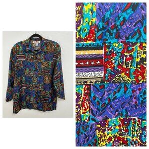 Stunt VTG 90s 100% Silk Oversize Shirt M Purple Blue Abstract Patchwork Dopamine